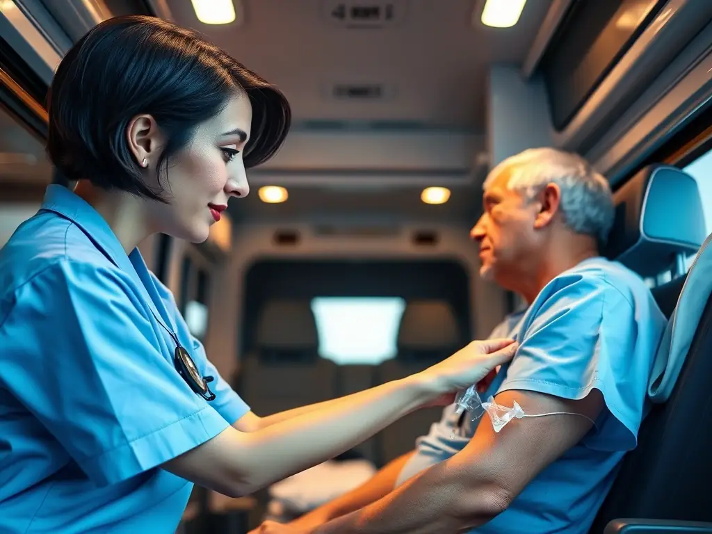 A skilled nurse administering specialized medical assistance to a patient during transport, ensuring their medical needs are met with expertise and compassion. The setting is a comfortable transport environment.