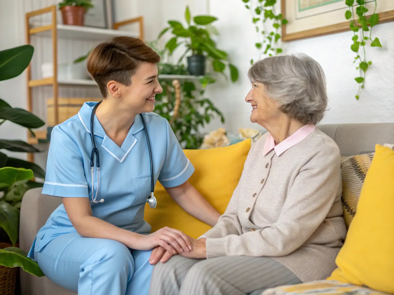 A dedicated nurse providing bedside care to a patient in a hospital room, preparing them for a safe and comfortable transfer to their destination. The image highlights the personalized care provided.