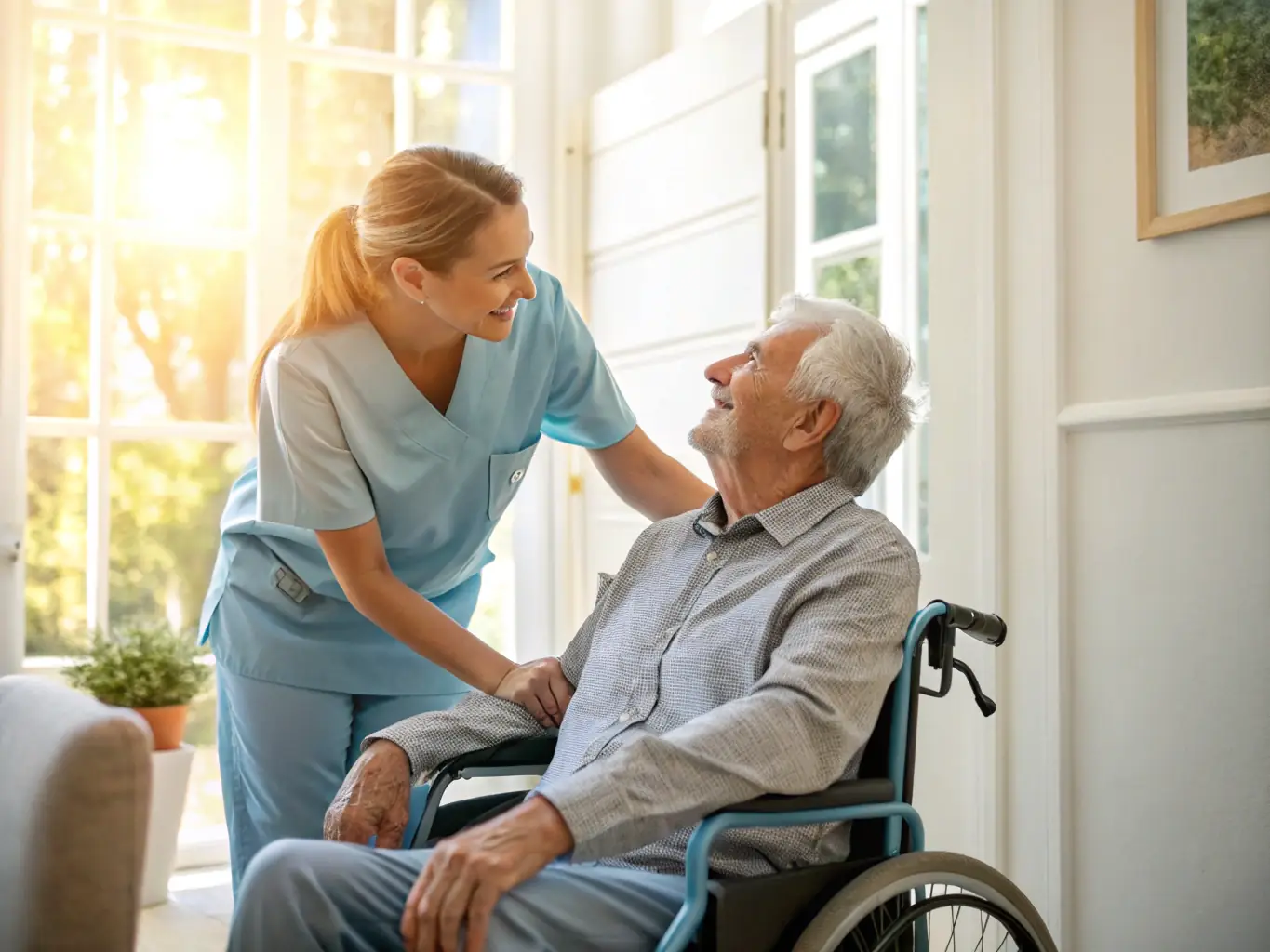 A compassionate nurse assisting a patient in a wheelchair at an airport, ensuring their comfort and safety during air travel. The scene conveys professionalism and care.